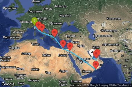 Маршрут на круиз 22 дни Катар, Обединени арабски емирства, Оман, Йордания, Египет, Гърция, Италия - DOH22A0C