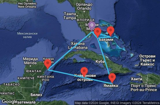Маршрут на круиз 12 дни САЩ, Бахамските острови, Ямайка, Каймановите острови, Мексико - UV86