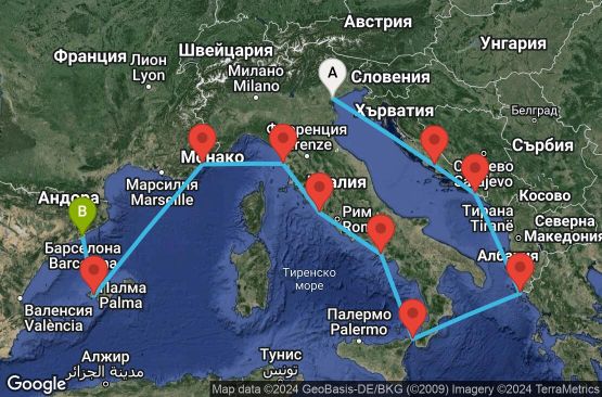 Маршрут на круиз 10 дни Класическо Средиземноморие - BKWE10CNNVCEBCN