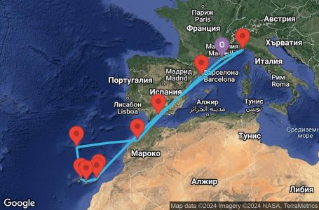 Маршрут на круиз 14 дни Франция, Италия, Испания, Португалия, Мароко - MRS14A34