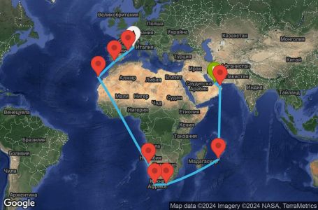 Маршрут на круиз 35 дни Франция, Испания, Намибия, Южна Африка, Мавриций, Оман, Обединени арабски емирства - MRS35A00