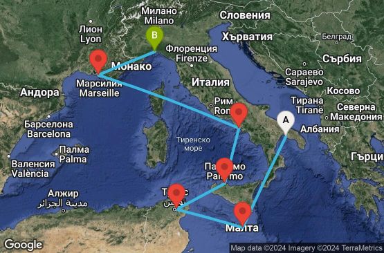 Маршрут на круиз 7 дни Италия, Малта, Тунис, Франция - TAR07A0M