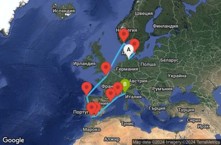 Маршрут на круиз 13 дни Германия, Дания, Норвегия, Франция, Испания, Италия - KEL13A07