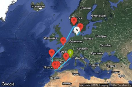 Маршрут на круиз 12 дни Германия, Дания, Норвегия, Франция, Испания - KEL12A0C
