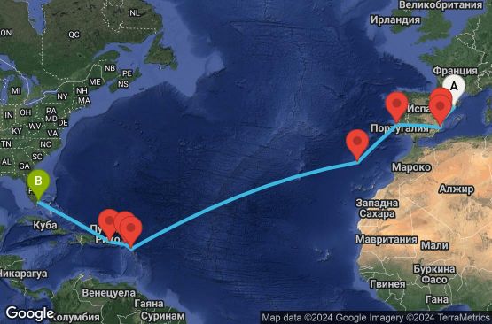 Маршрут на круиз 17 дни Испания, Португалия, Антигуа и Барбуда, Холандски Антили, Пуерто Рико, САЩ - UVGF