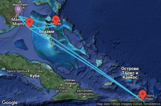 Маршрут на круиз 8 дни САЩ, Бахамските острови, Доминиканска република - UVCX