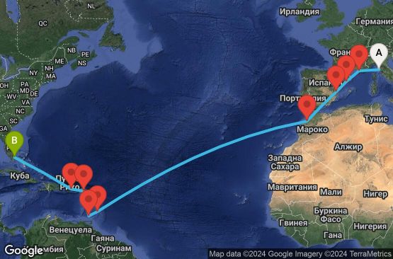 Маршрут на круиз 21 дни Италия, Франция, Испания, Мароко, Барбадос, Гренада, Холандски Антили, Пуерто Рико, САЩ - UVF7