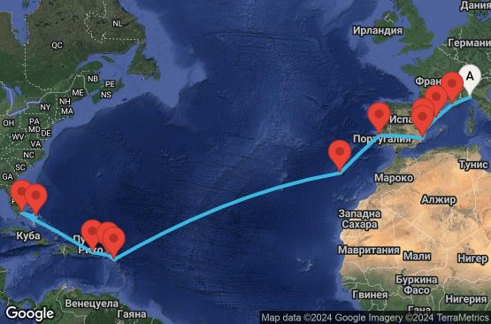 Маршрут на круиз 22 дни Италия, Франция, Испания, Португалия, Антигуа и Барбуда, Холандски Антили, Пуерто Рико, САЩ, Бахамските острови - UVGC