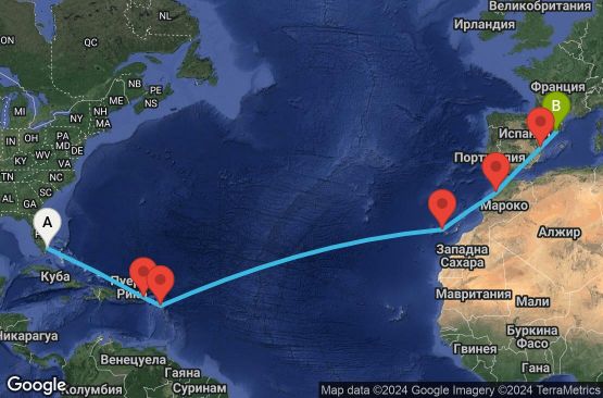Маршрут на круиз 16 дни САЩ, Вирджински острови (Великобритания), Антигуа и Барбуда, Испания, Мароко - UVGK