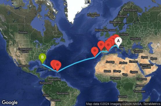 Маршрут на круиз 20 дни Италия, Франция, Испания, Португалия, Антигуа и Барбуда, Холандски Антили, Пуерто Рико, САЩ - UVGJ