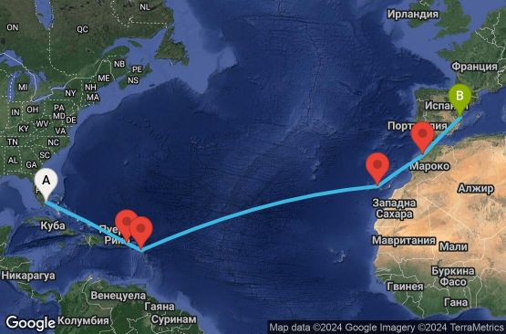 Маршрут на круиз 15 дни САЩ, Вирджински острови (Великобритания), Антигуа и Барбуда, Испания, Мароко - UVGM