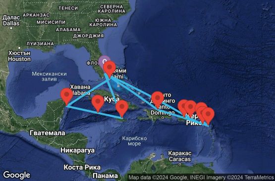 Маршрут на круиз 17 дни САЩ, Вирджински острови (САЩ), Сейнт Китс и Невис, Холандски Антили, Антигуа и Барбуда, Пуерто Рико, Доминиканска република, Бахамските острови, Мексико, Каймановите острови, Ямайка - UVDZ