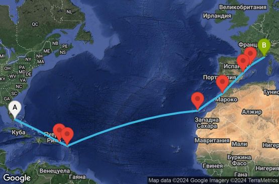 Маршрут на круиз 17 дни САЩ, Вирджински острови (Великобритания), Антигуа и Барбуда, Испания, Мароко, Франция - UVGL