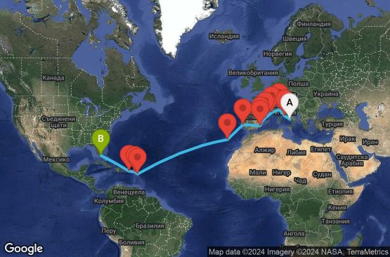 Маршрут на круиз 21 дни Италия, Франция, Испания, Португалия, Антигуа и Барбуда, Холандски Антили, Пуерто Рико, САЩ - UVGI
