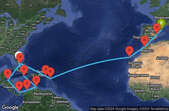 Маршрут на круиз 27 дни САЩ, Ямайка, Аруба, Колумбия, Панама, Хондурас, Бахамските острови, Вирджински острови (Великобритания), Антигуа и Барбуда, Испания, Мароко - UVGN