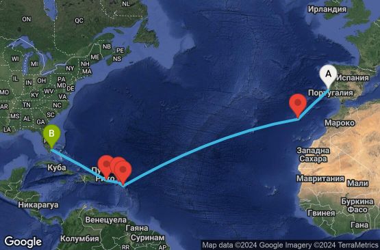 Маршрут на круиз 13 дни Португалия, Антигуа и Барбуда, Холандски Антили, Пуерто Рико, САЩ - UVGH