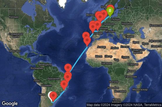 Маршрут на круиз 27 дни Аржентина, Уругвай, Бразилия, Испания, Португалия, Великобритания, Франция, Холандия, Дания, Германия - UVIH