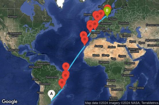Маршрут на круиз 26 дни Уругвай, Бразилия, Испания, Португалия, Великобритания, Франция, Холандия, Дания, Германия - UVIK