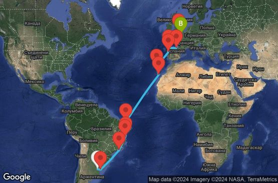 Маршрут на круиз 23 дни Аржентина, Уругвай, Бразилия, Испания, Португалия, Великобритания, Франция - UVIP