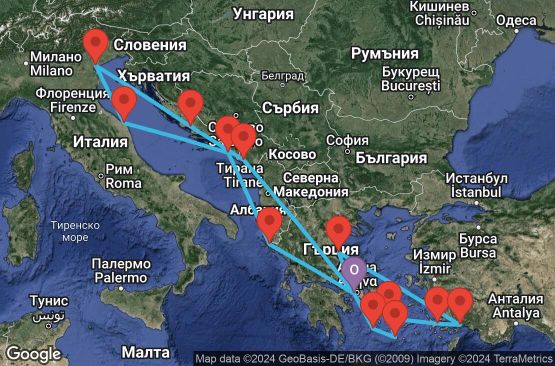 Маршрут на круиз 18 дни Гърция, Хърватска, Италия, Черна гора, Турция - EX20241005PIRPI1