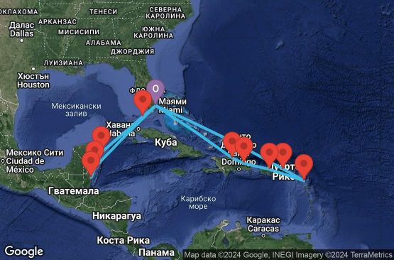 Маршрут на круиз 17 дни САЩ, Доминиканска република, Пуерто Рико, Антигуа и Барбуда, Вирджински острови (Великобритания), Мексико, Белиз - EX20250205MIAMI1