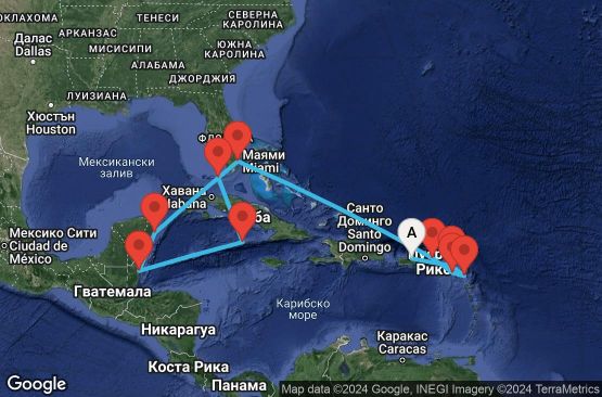 Маршрут на круиз 16 дни Пуерто Рико, Сен Бертелеми, Антигуа и Барбуда, Сейнт Китс и Невис, Вирджински острови (Великобритания), САЩ, Мексико, Белиз, Каймановите острови - EX20250228SJUMI1