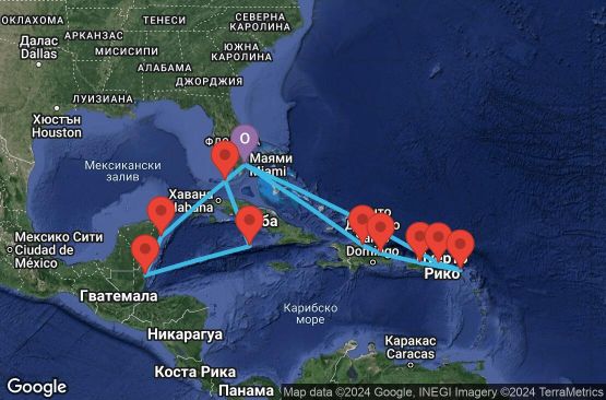 Маршрут на круиз 18 дни САЩ, Мексико, Белиз, Каймановите острови, Доминиканска република, Пуерто Рико, Сен Бертелеми, Вирджински острови (Великобритания) - EX20250307MIAMI1