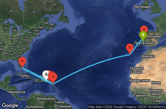 Маршрут на круиз 22 дни Пуерто Рико, Сен Бертелеми, Антигуа и Барбуда, Сейнт Китс и Невис, Вирджински острови (Великобритания), САЩ, Португалия - EP20250307SJULIS