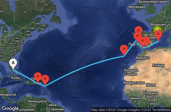 Маршрут на круиз 21 дни САЩ, Пуерто Рико, Антигуа и Барбуда, Португалия, Испания - EP20250314MIABCN