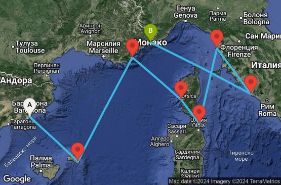Маршрут на круиз 9 дни Испания, Франция, Италия, Монако - EP20250513BCNMCM