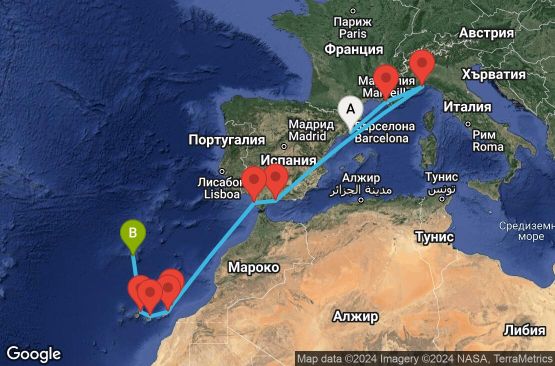 Маршрут на круиз 11 дни Испания, Франция, Италия, Португалия - BCN11A0N