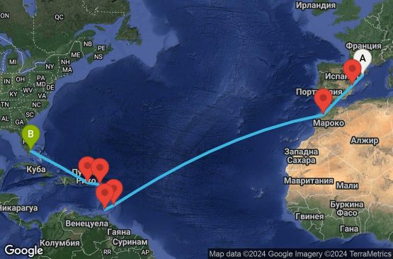 Маршрут на круиз 19 дни Испания, Мароко, Барбадос, Гренада, Холандски Антили, Пуерто Рико, САЩ - UVCR