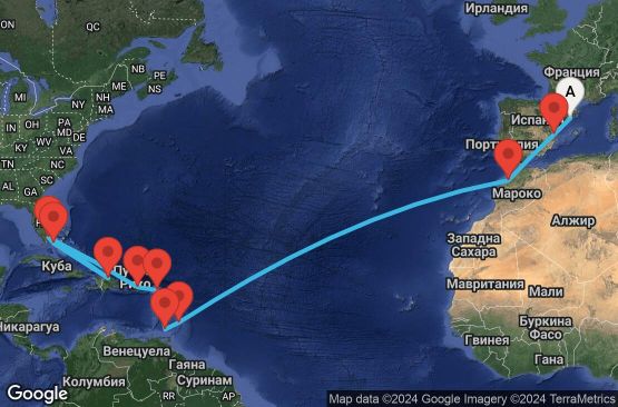 Маршрут на круиз 24 дни Испания, Мароко, Барбадос, Гренада, Холандски Антили, Пуерто Рико, САЩ, Бахамските острови, Доминиканска република - UVF9
