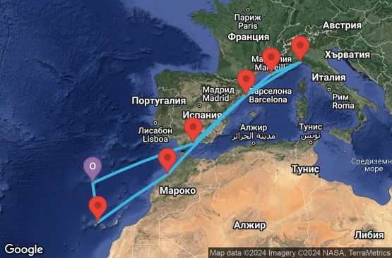 Маршрут на круиз 11 дни Португалия, Испания, Франция, Италия, Мароко - UV46