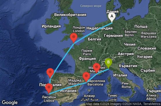 Маршрут на круиз 10 дни Германия, Франция, Испания, Португалия, Италия - HAM10A03