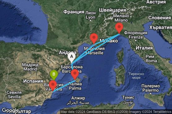 Маршрут на круиз Barcelona,Genoa,Marseille,Barcelona,Palma de Mallorca,Alicante,Valencia - UV8Q