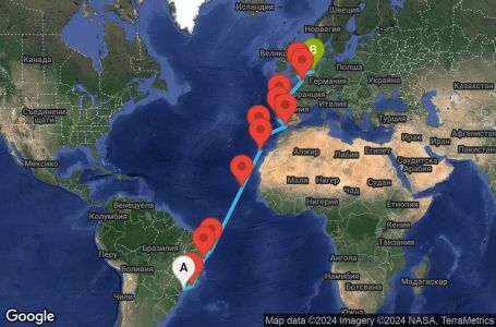 Маршрут на круиз 23 дни Бразилия, Кабо Верде, Испания, Португалия, Франция, Великобритания, Холандия - SSZ23A01