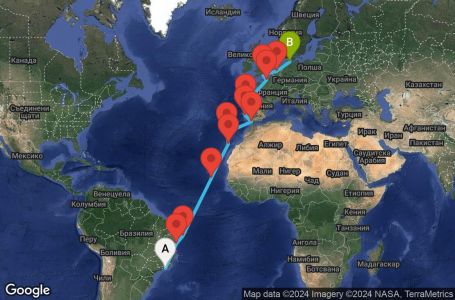 Маршрут на круиз 25 дни Бразилия, Кабо Верде, Испания, Португалия, Франция, Великобритания, Холандия, Германия - RIO25A01