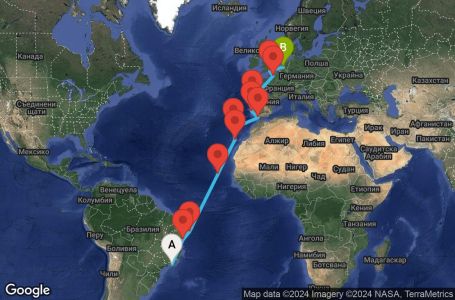 Маршрут на круиз 22 дни Бразилия, Кабо Верде, Испания, Португалия, Франция, Великобритания, Холандия - RIO22A01