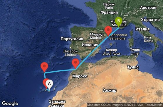 Маршрут на круиз 7 дни Испания, Португалия, Мароко, Франция - LPA07A05
