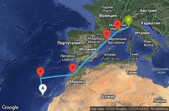 Маршрут на круиз 7 дни Испания, Португалия, Мароко, Франция, Италия - TCI07A06