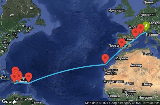 Маршрут на круиз 22 дни Доминиканска република, Търкс и Кайкос, Холандски Антили, Испания, Франция, Италия - LRM22A03