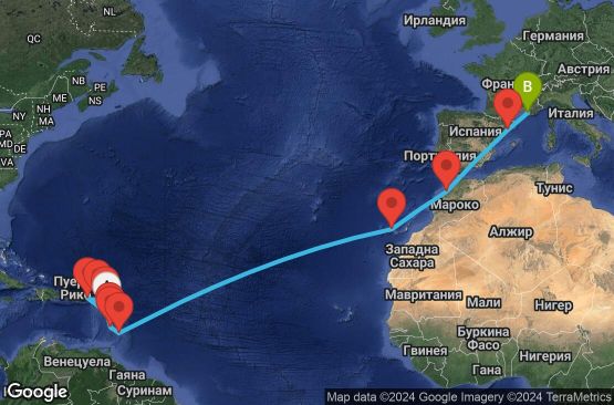 Маршрут на круиз 21 дни Гваделупа, Вирджински острови (Великобритания), Холандски Антили, Антигуа и Барбуда, Сейнт Луша, Мартиника, Барбадос, Испания, Мароко, Франция - PTP21A08