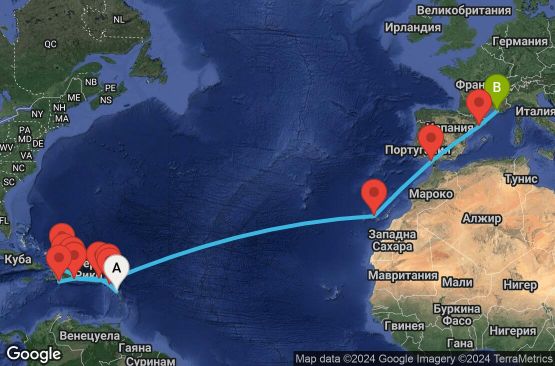 Маршрут на круиз 24 дни Гваделупа, Сейнт Китс и Невис, Вирджински острови (Великобритания), Доминиканска република, Търкс и Кайкос, Холандски Антили, Испания, Франция - PTP24A01