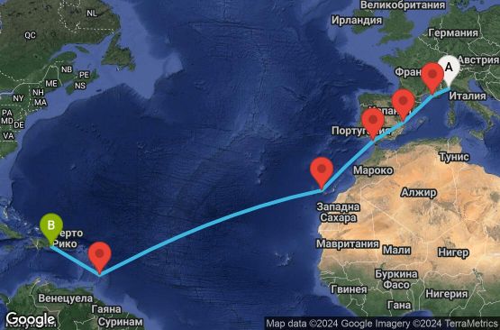 Маршрут на круиз 15 дни Италия, Франция, Испания, Барбадос, Доминиканска република - SVN15A0A