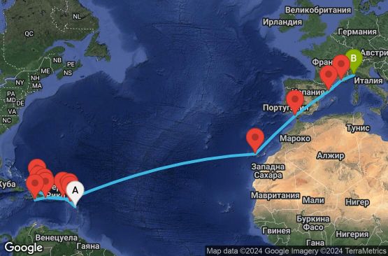 Маршрут на круиз 25 дни Гваделупа, Сейнт Китс и Невис, Вирджински острови (Великобритания), Доминиканска република, Търкс и Кайкос, Холандски Антили, Испания, Франция, Италия - PTP25A05