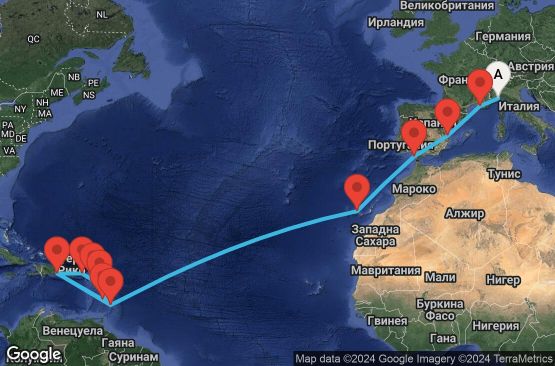Маршрут на круиз 22 дни Италия, Франция, Испания, Барбадос, Доминиканска република, Сейнт Луша, Гваделупа, Сейнт Китс и Невис, Вирджински острови (Великобритания) - SVN22A09