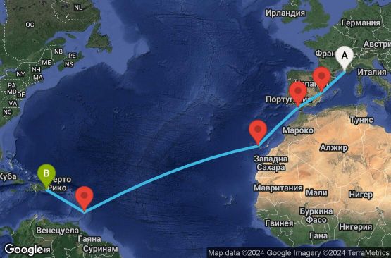 Маршрут на круиз 14 дни Франция, Испания, Барбадос, Доминиканска република - MRS14A30