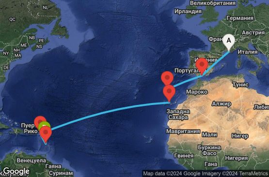 Маршрут на круиз 14 дни Франция, Испания, Португалия, Холандски Антили, Мартиника, Гваделупа - MRS14A2Z