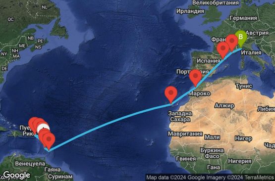 Маршрут на круиз 22 дни Гваделупа, Вирджински острови (Великобритания), Холандски Антили, Антигуа и Барбуда, Сейнт Луша, Мартиника, Барбадос, Испания, Мароко, Франция, Италия - PTP22A05